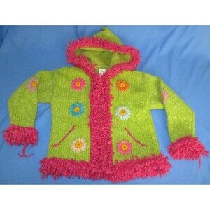 Girls Knit Chunky Yarn Jacket Green Pink Floral Wool Blend Hippie Boho Size 4